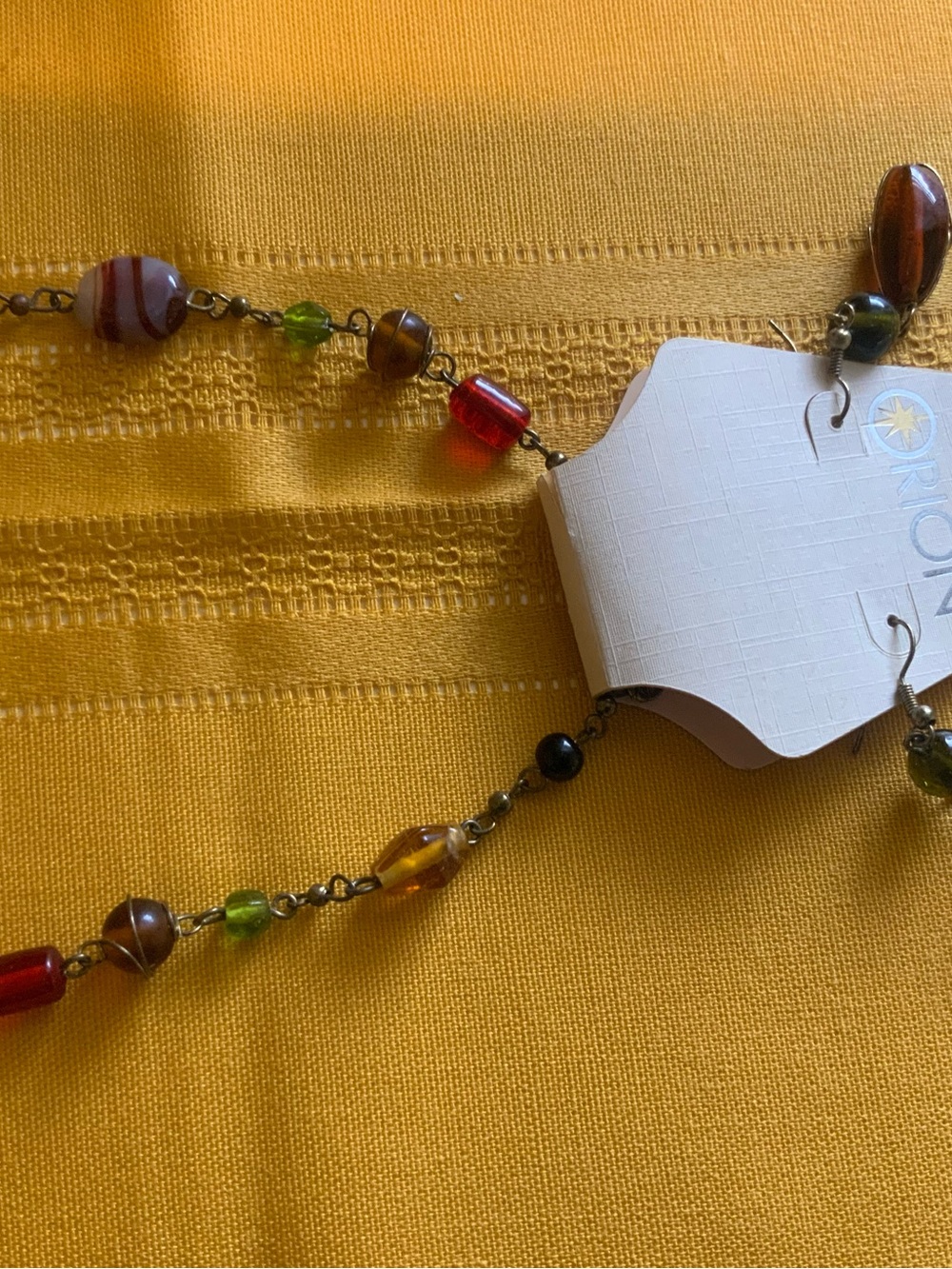 Orion Earth Tone Bead Necklace Earrings Set Amber Olive Green Glass Wire Wrap